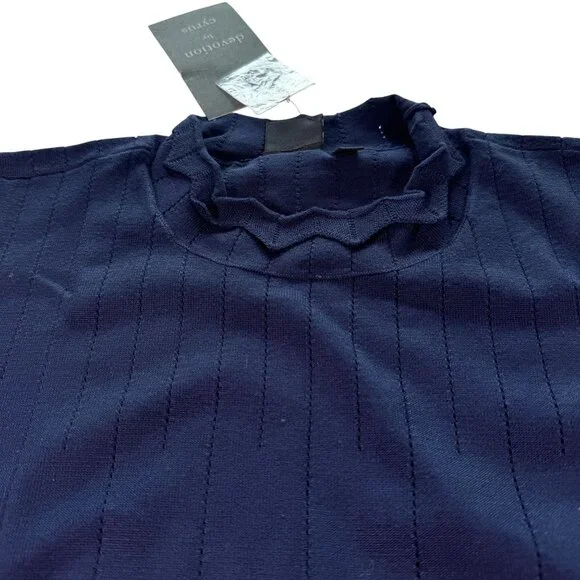 Cyrus Pointelle Scallop Trim Mock Neck Navy Tank Large NWT - Picture 2 of 11
